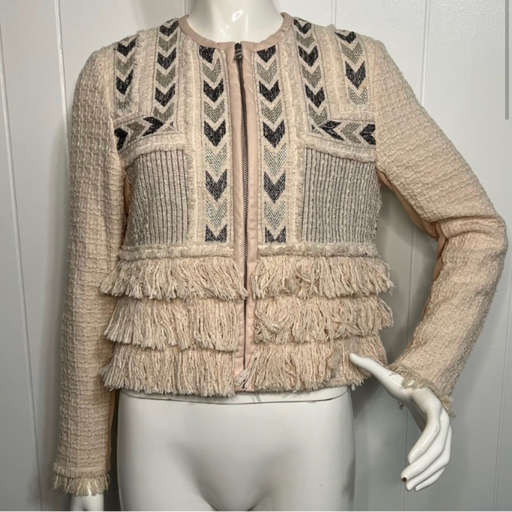 Rebecca Taylor Tweed Fringe Embroidered Zip Up Cropped Jacket Size 6